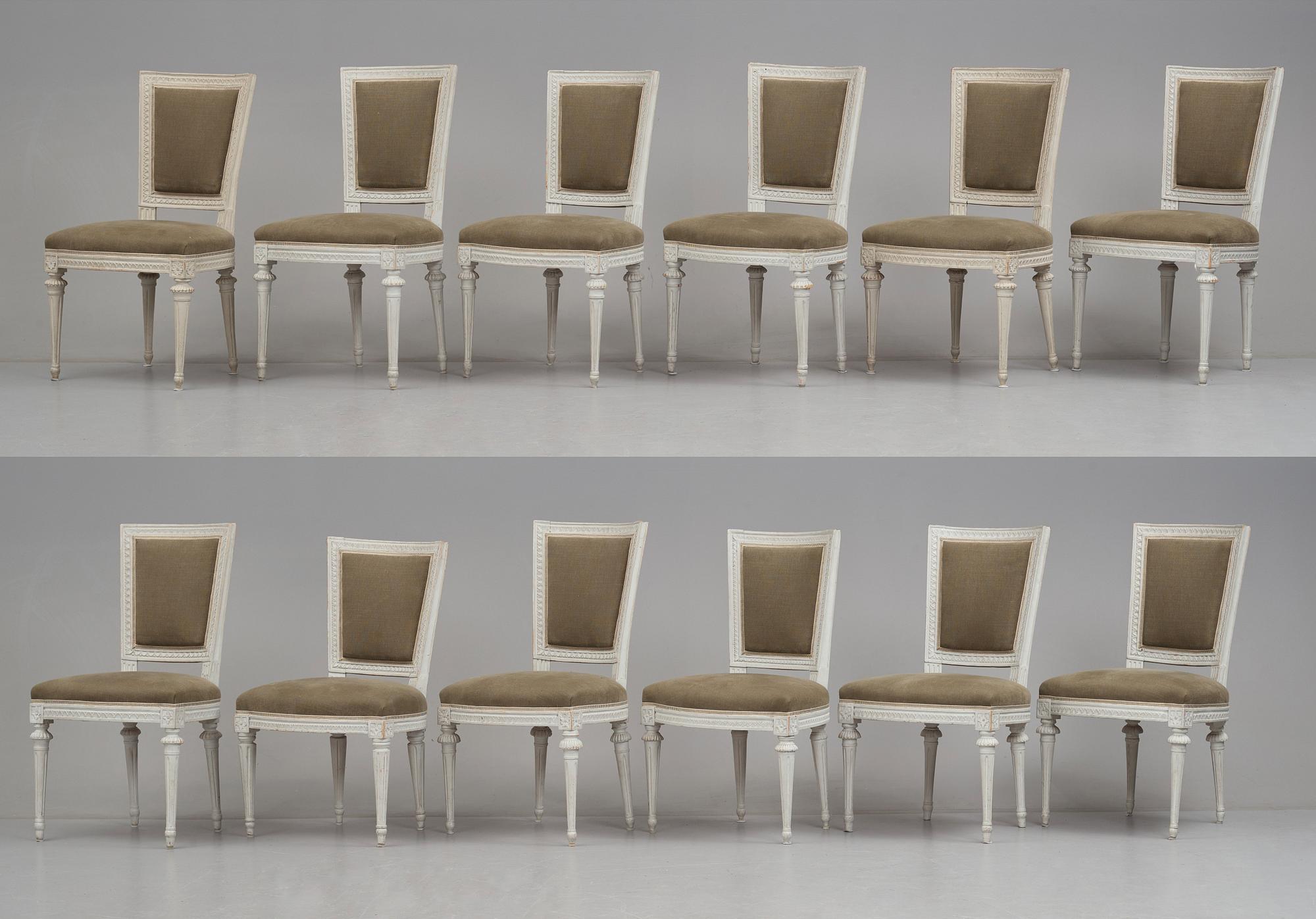 Stolar 12 stycken, av bl,a J Ruste, E Ståhl, J Lindgren, Stockholmsarbeten 1700-talets senare del, Sengustavianska.