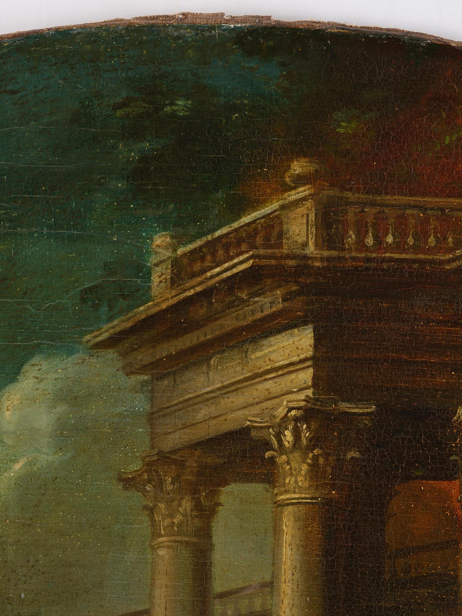 Pieter Casteels III, follower of, Wall panels, a pair, Flower urns with a parrot and a monkey respectively.