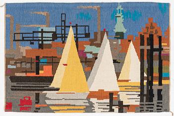 Heiko Becker-Sassenhof, wall textile, Signed. "In Harbour", flat weave, Gammelstad Handweaving. 130 x 200 cm.