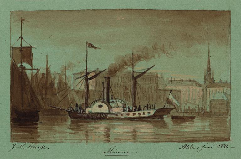 Joseph Magnus Stäck, "Minne". A wheel steamer beside Stockholms slott.