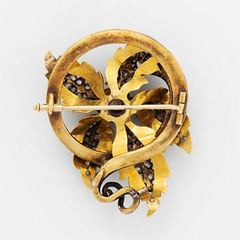 Old-cut diamond, pearl and enamel snake brooch.