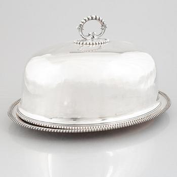 A silver plate food dome cover, Atkin Brothers, Sheffield, England, and a dish, circa 1900.