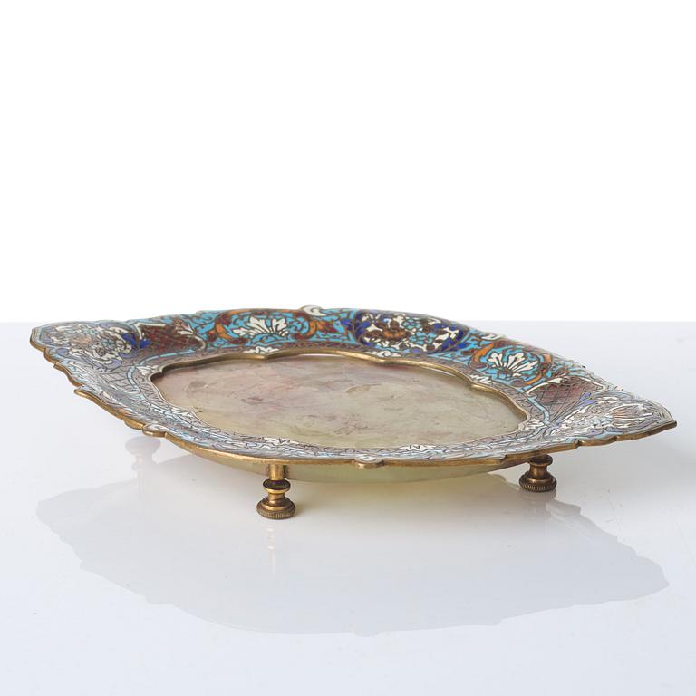 A 20th century champleve enamel and agate dish.