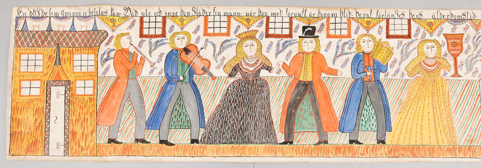 BONADSMÅLNING, papper klistrat på duk, märkt Anno 1828.