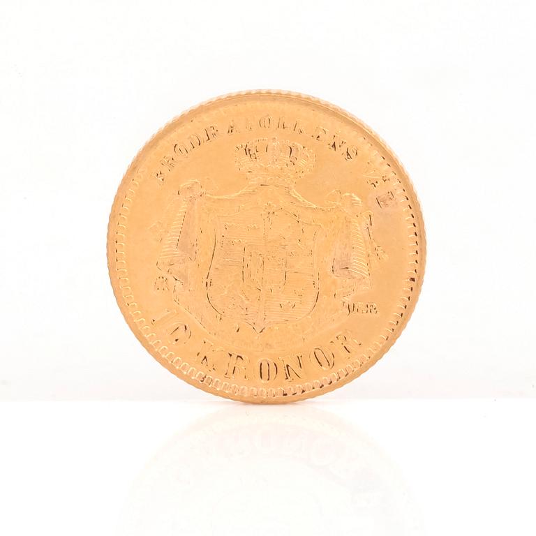 GULDMYNT, 10 kronor, Oscar II av Sverige och Norge 1883. Vikt ca 4,5 gram.