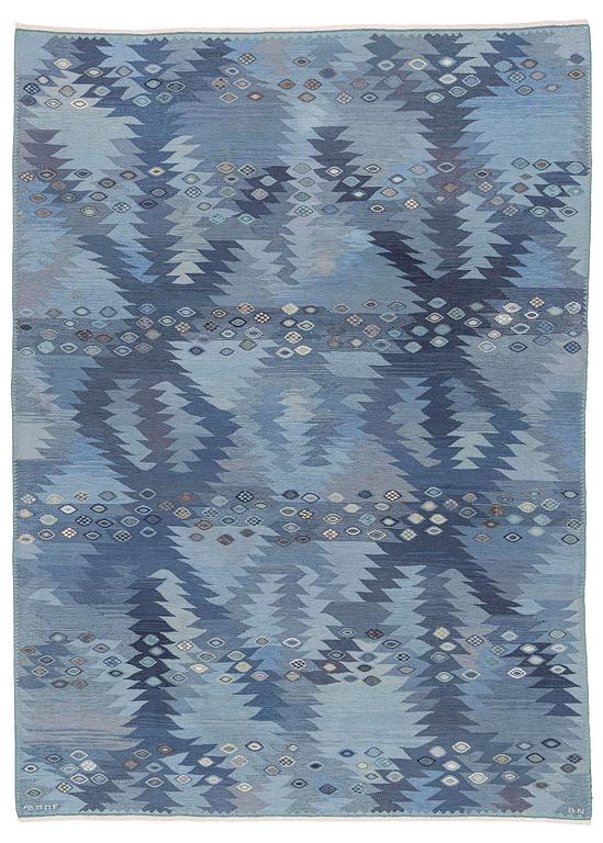 Barbro Nilsson, a carpet, 'Tånga mellanblå', flat weave, c. 350 x 252 cm, signed AB MMF BN.