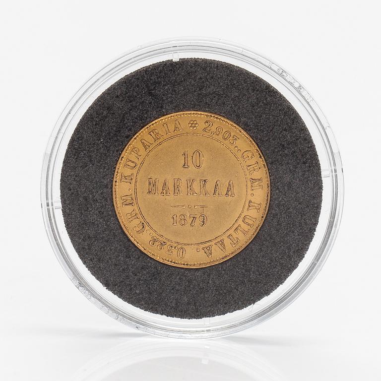 A gold coin, 10 marks, Finland 1879.