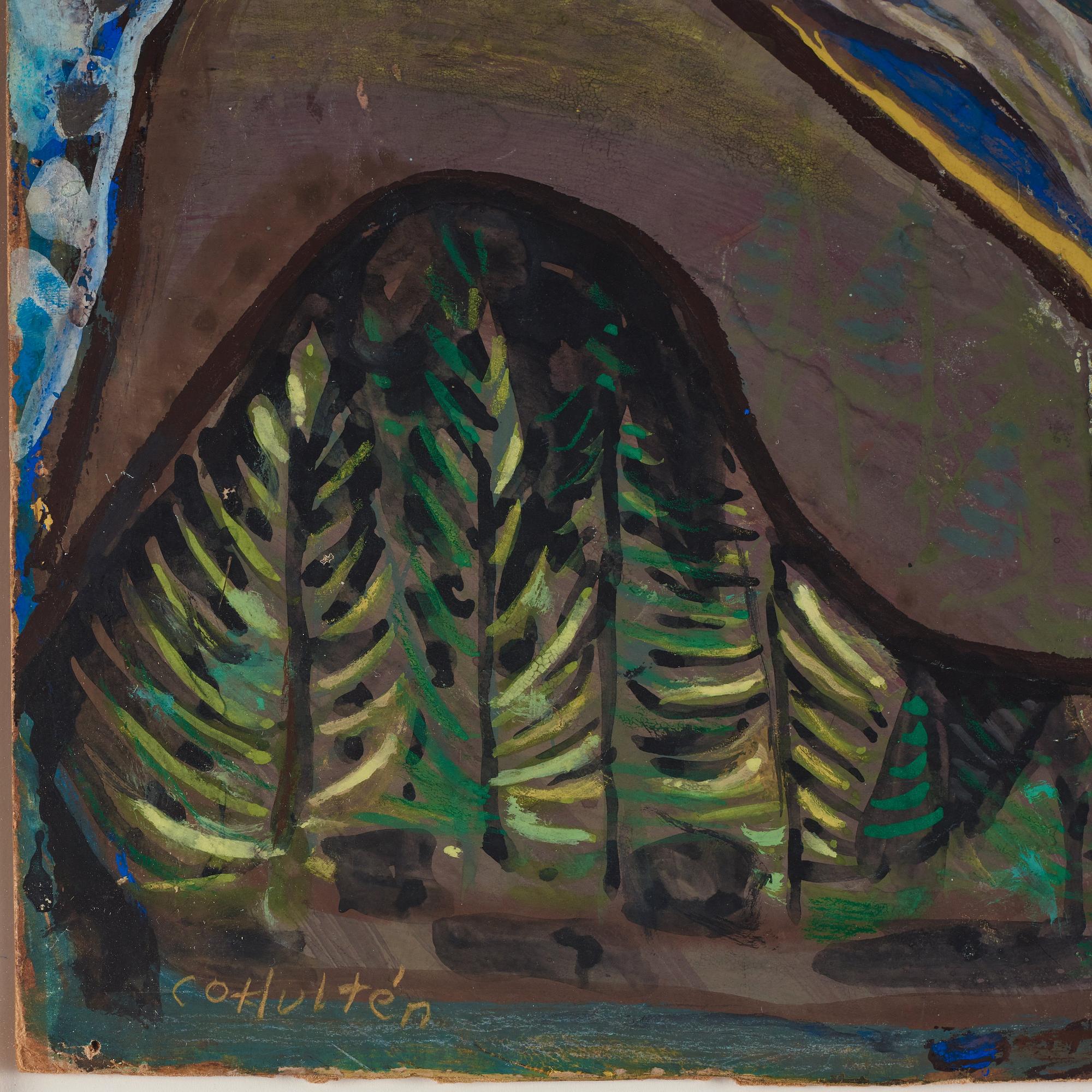 CO Hultén, gouache på papp-pannå, signerad och a tergo daterad sommaren 1953.