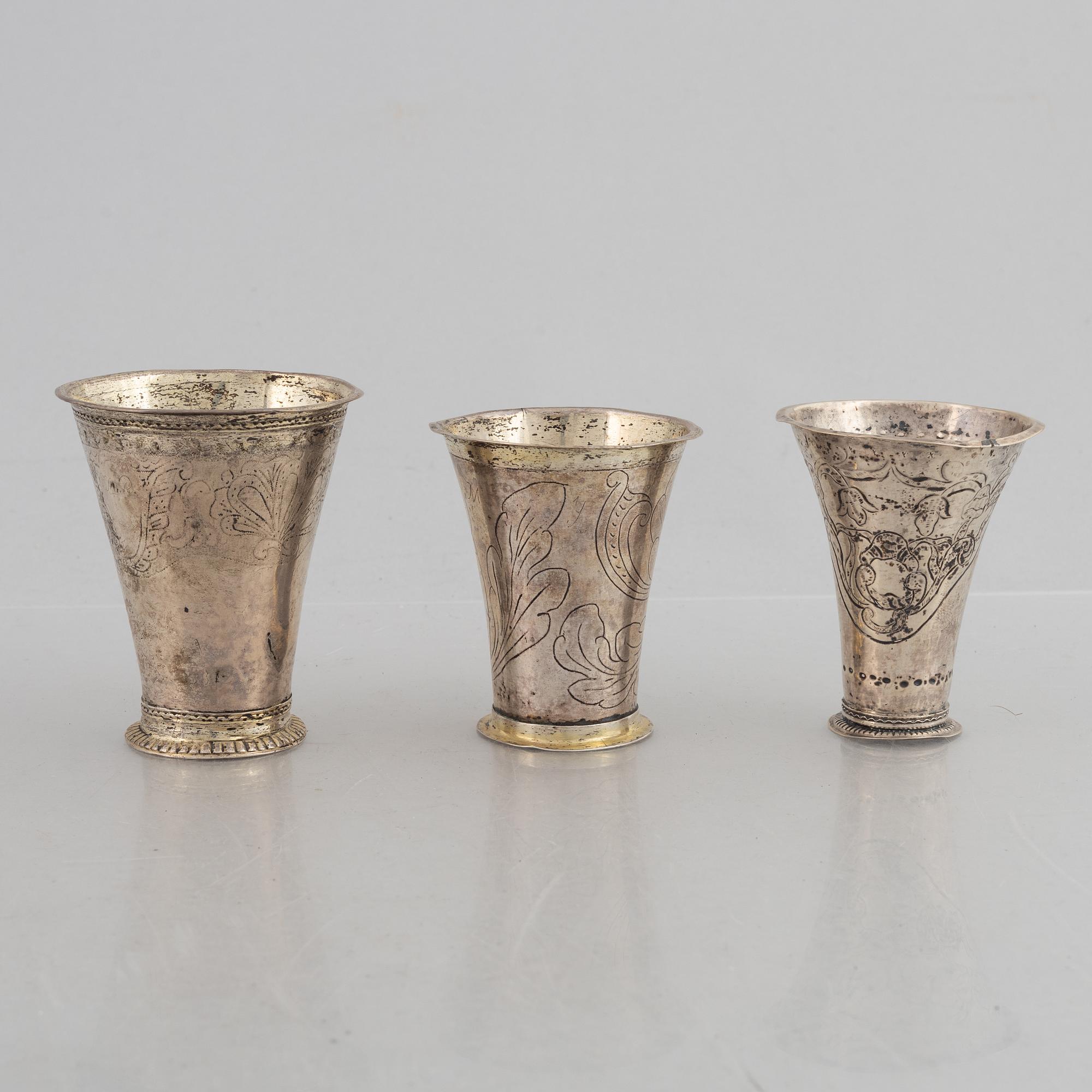Bägare, 3 st, silver, bl a Sven Nyberg, Varberg 1769.