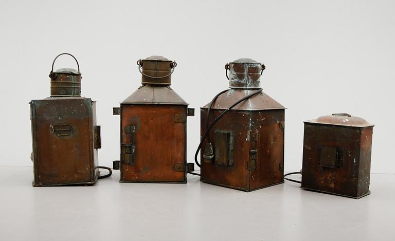 LANTERNOR, 4 st, koppar och glas, tidigt 1900-tal.