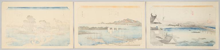 Ando Utagawa Hiroshige, after, three prints from "The Fifty-Three Stations of the Tōkaidō".