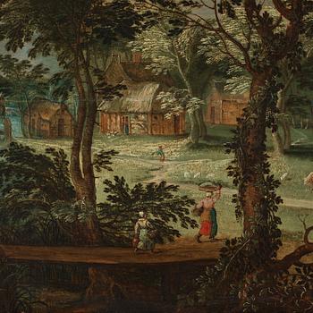 Adriaen van Stalbemt Hans krets, Landskap med figurer vid by.