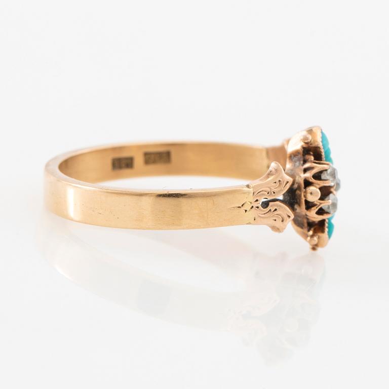 Ring in 18K gold with turquoises and old-cut diamonds.