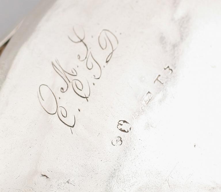 SOPPSLEV, silver, Theodor Jortz, Skänninge 1825. Slevens vikt utan skaft ca 73 gram.