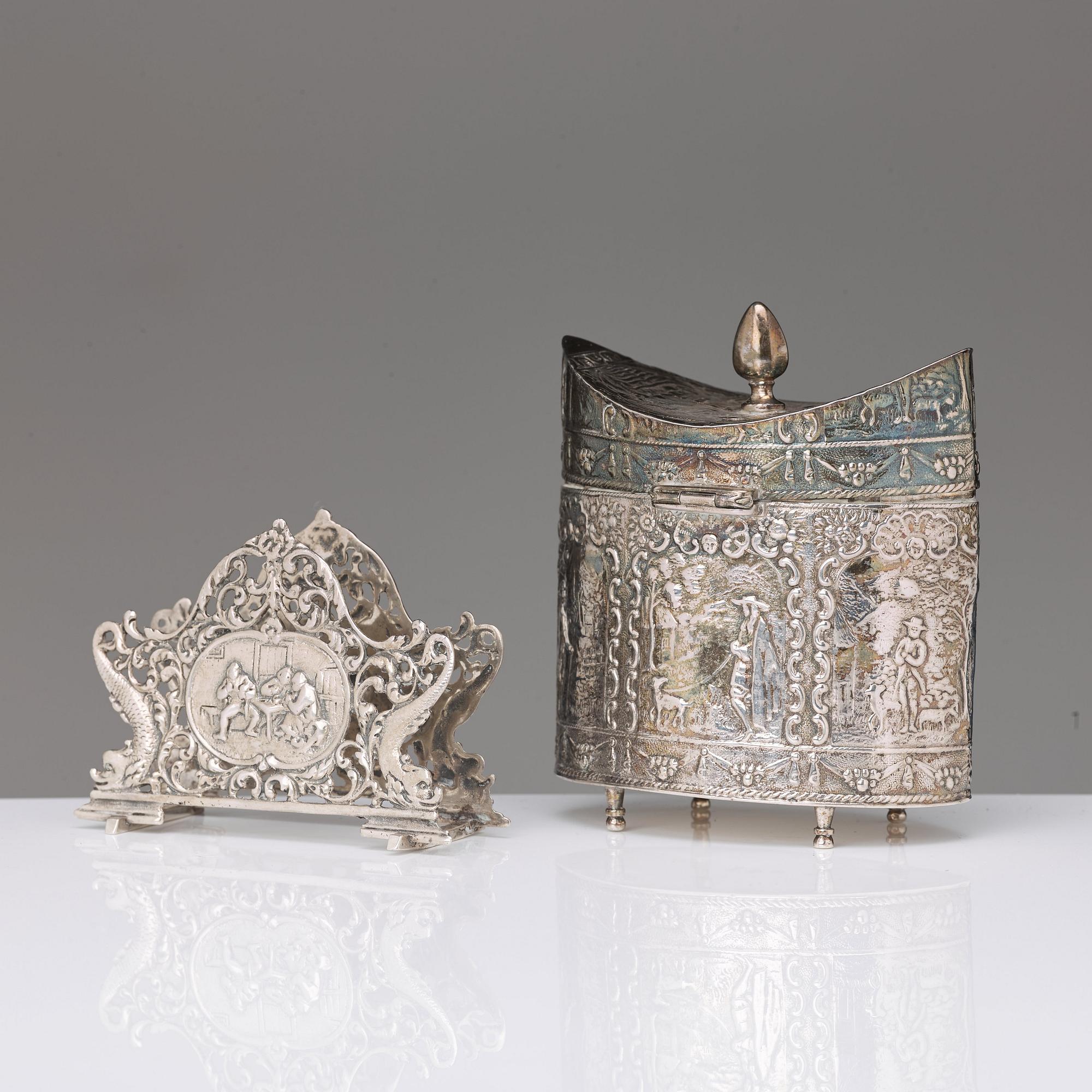 A Dutch late 19th century silver jar and napkin-holder. An ash-tray, Birmingham 1902.