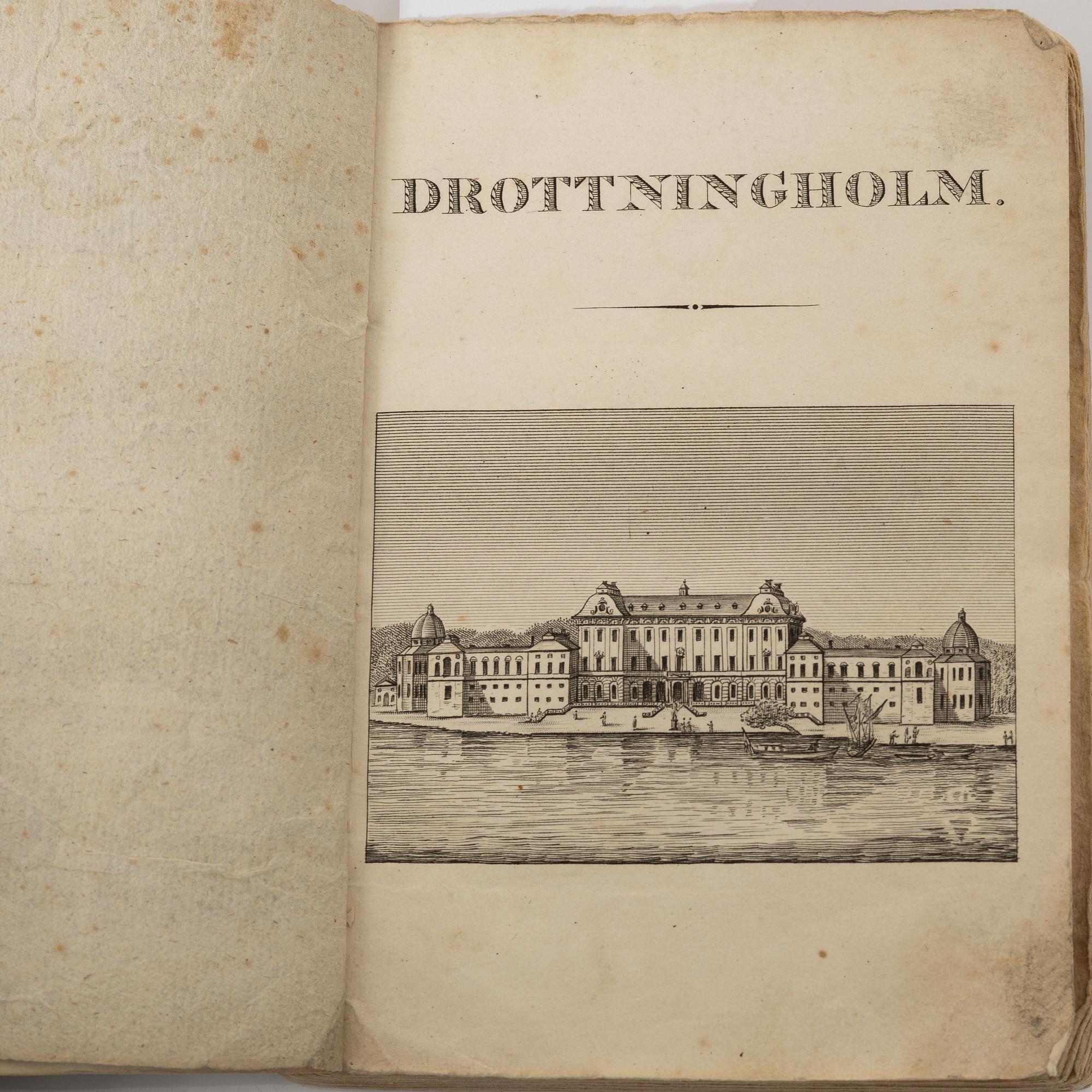 Samling äldre böcker, 8 st, mestadels om Drottningholm, 1700-1800-tal.