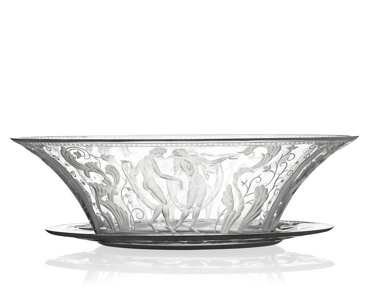 Simon Gate, an engraved glass bowl and stand, Orrefors, Sweden  1924, model 147.