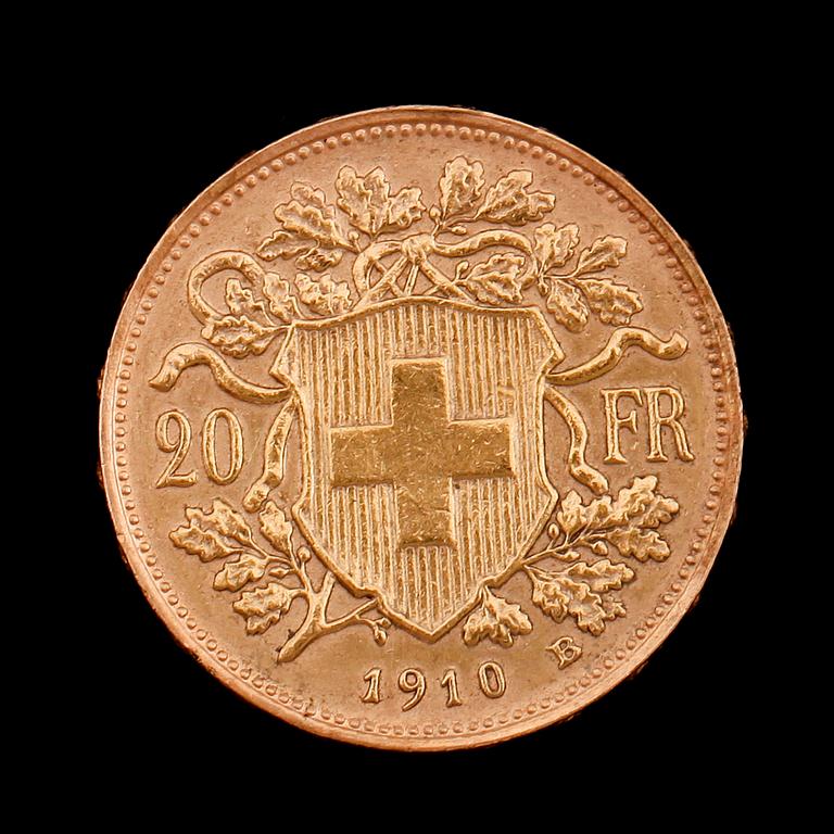 GULDMYNT, 20 franc, Schweiz, 1910. Vikt ca 6 gram.