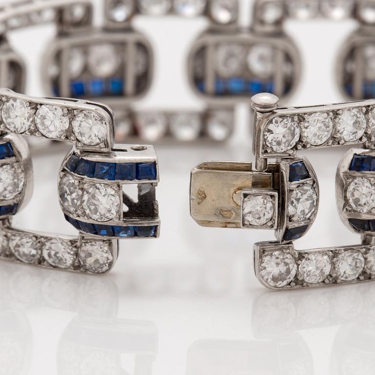 An Art Deco step cut sapphire and  old- cut diamond bracelet.