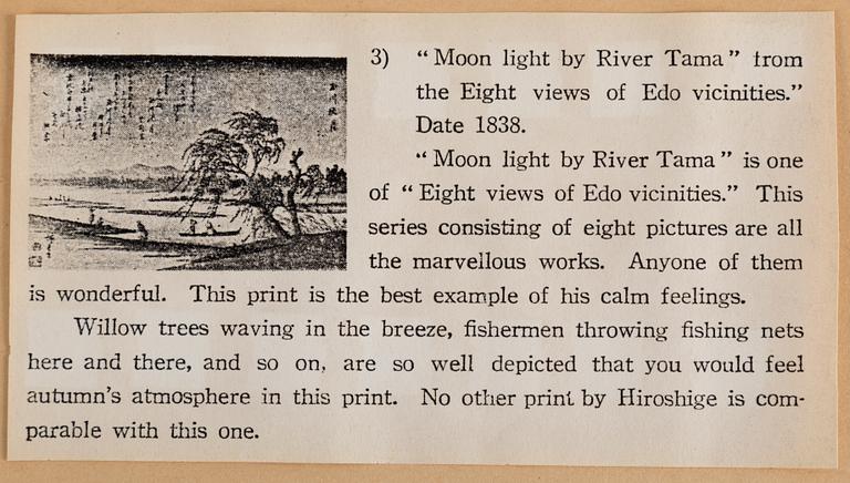 ANDO UTAGAWA HIROSHIGE (6), UTAMARA, and SHARAKU (2) colour woodblock prints. Japan, 20th century.