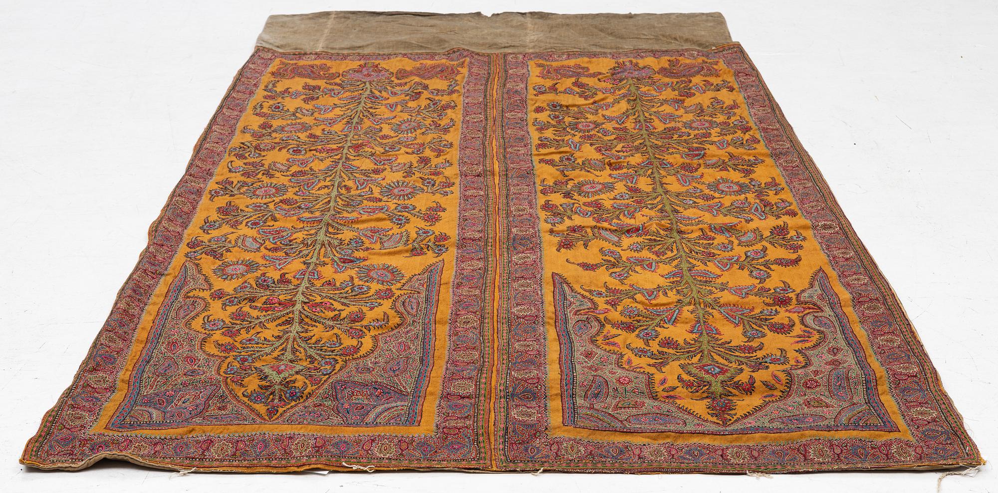 Embroidery, a pair, semi-antique Pateh Kirman, approx. 122 x 190 cm in total.