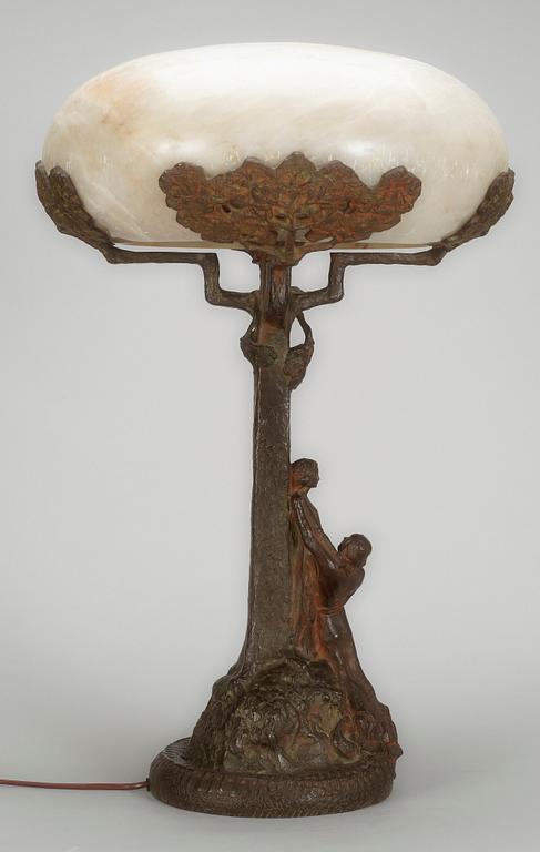 A Karl Hultström Art Nouveau patinated bronze and alabaster table lamp by Nordiska Kompaniet, Stockholm circa 1900.