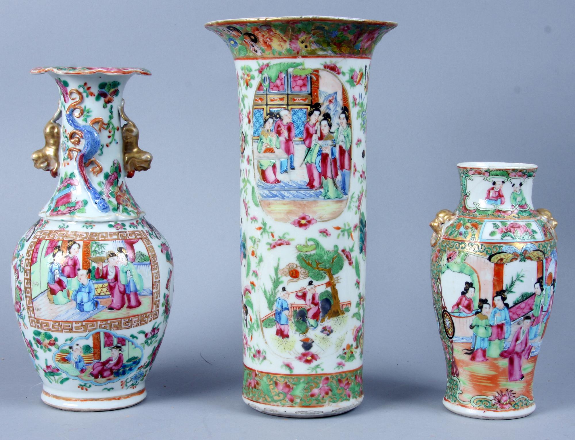 VASER, 3 st, porslin, Kanton, Kina, 1800/1900-tal.