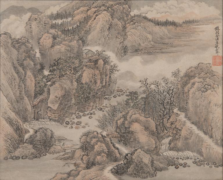 Träsnitt, 3 st, tusch och färg på papper, 2 signerade Wang Hui, efter, hans skola, omkring 1900.