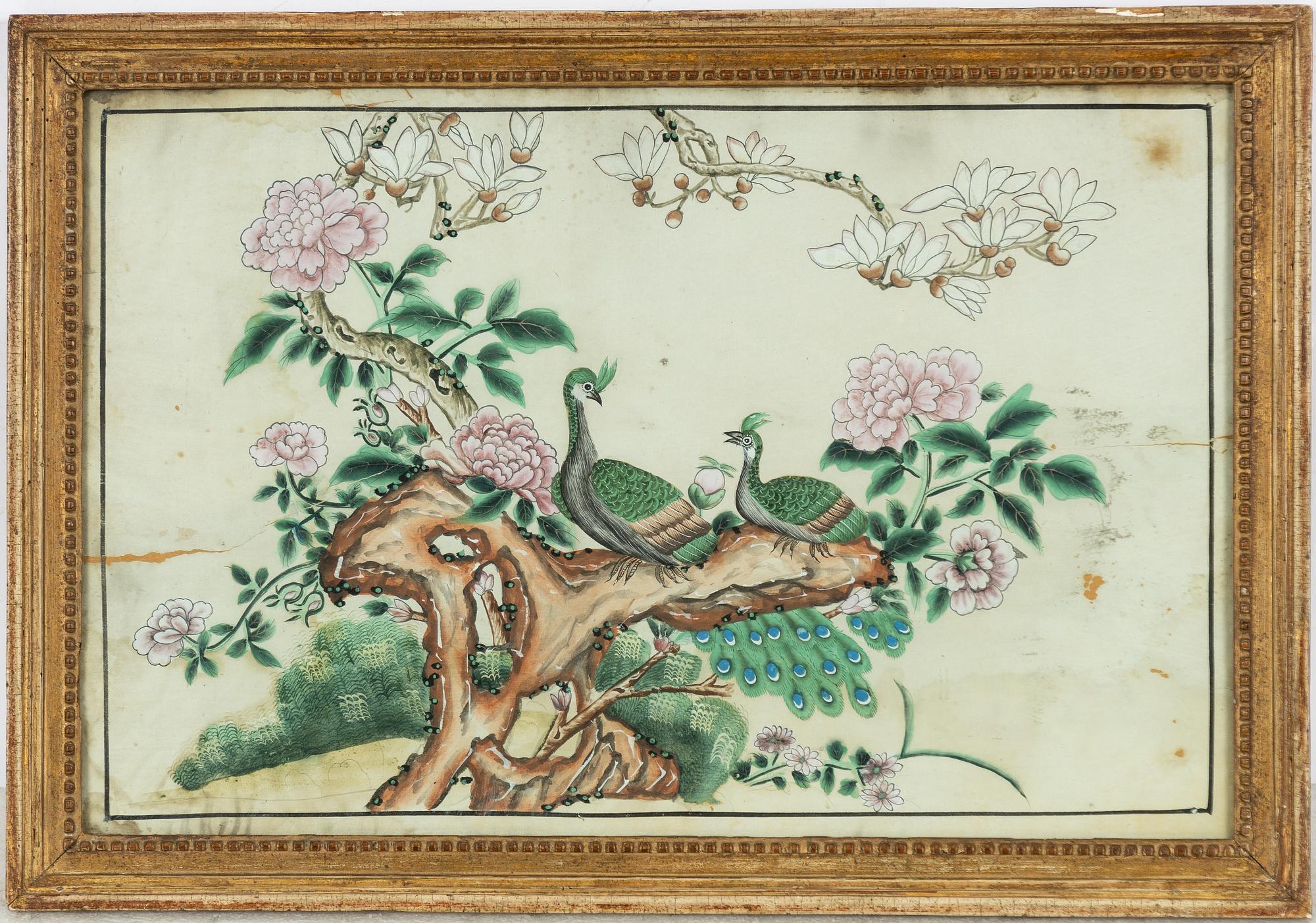 Oidentifierad konstnär, Påfåglar i blommande trädgård, gustaviansk ram, 1700-tal.