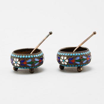 A pair of salt cellars with spoons, silver and enamel, Russia, around turn of the century 1900. Weight 42 g.