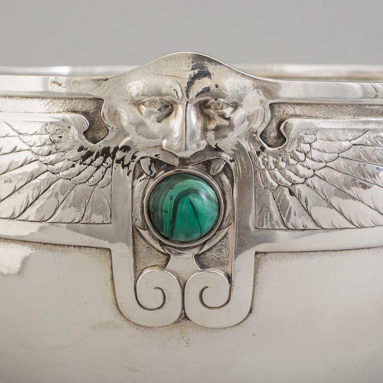 S Wedish Art Nouveau footed silver bowl with malachites, maker's mark CG Hallberg, Stockholm, 1903.