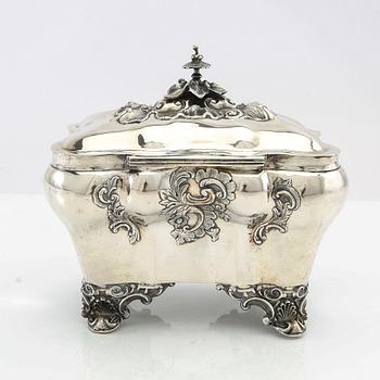 Christian Hammer sugar box with key, silver, Stockholm 1858, Neo-Rococo.