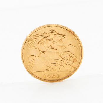 Gold coin 1/2 sovereign Great Britain 1906.