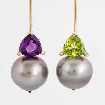 Cultured Tahiti pearl, peridot and amethyst earrings.