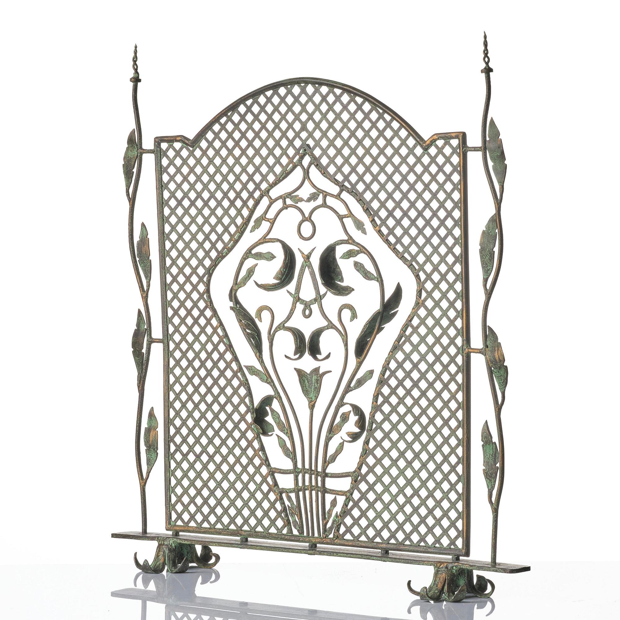 Antti Hakkarainen, attributed to, a fire screen, Taidetakomo Antti Hakkarainen, patinated metal, Finland probably 1920s.