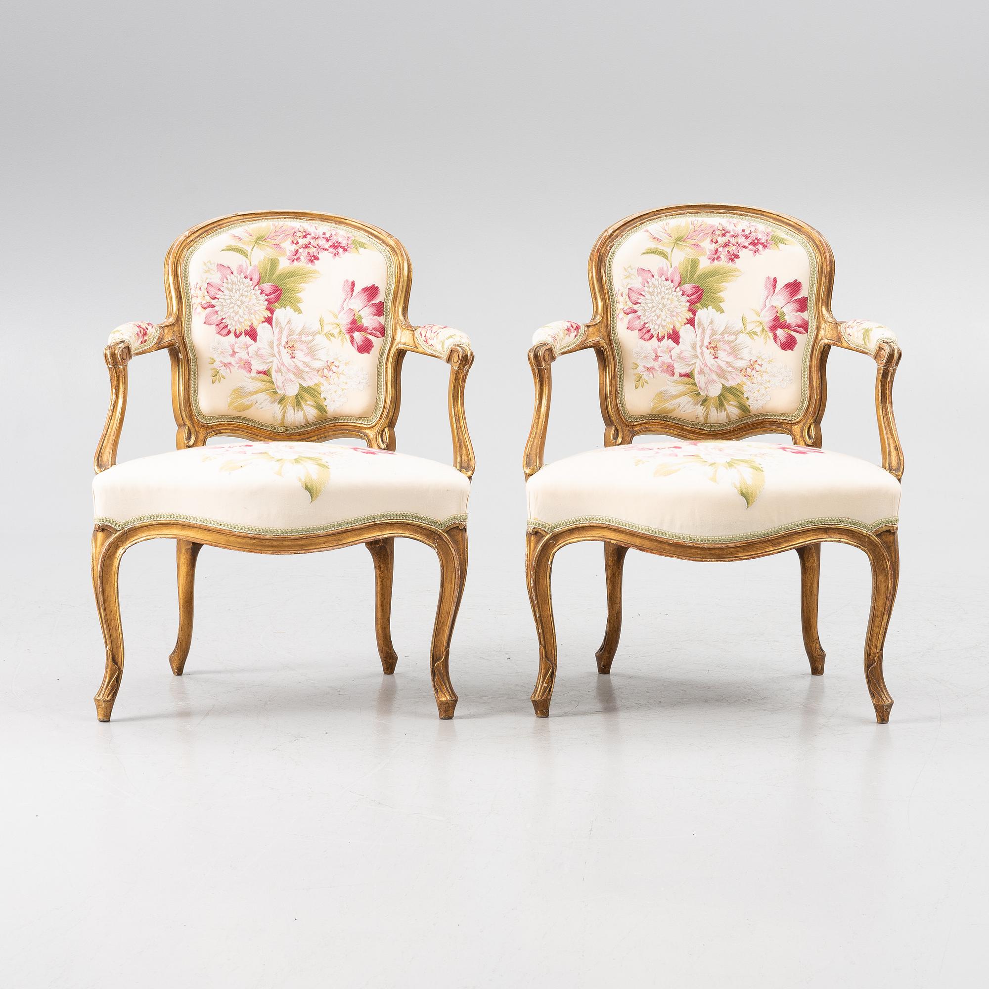 A pair of presumably French Louis XV armchairs, mid 18th century.