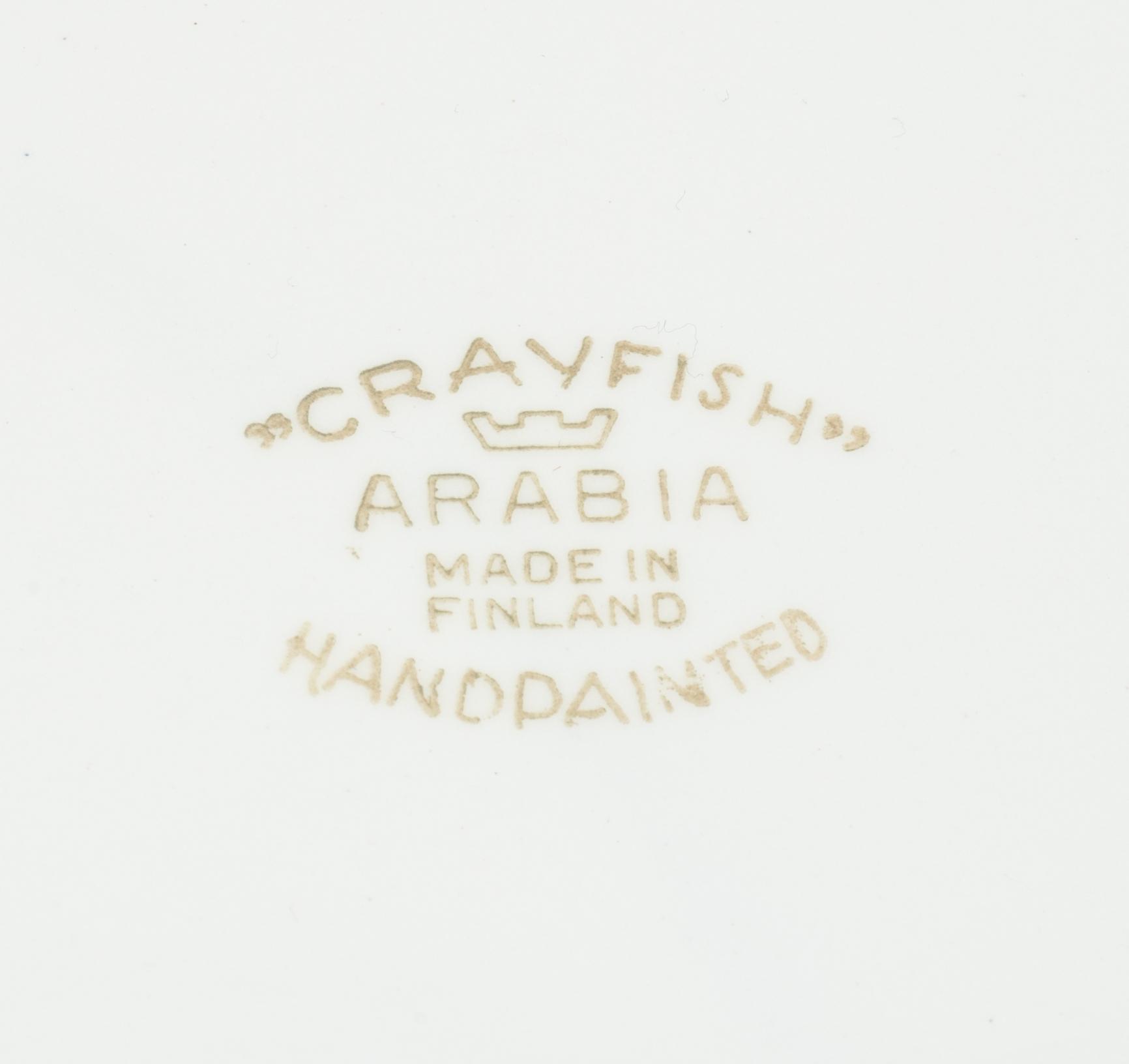 Anja Juurikkala, six 'Crayfish' plates, Arabia, Finland, 1953-1960.