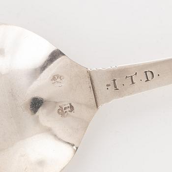 A probably Scandinavian 18th century silver spoon, unidentified makers mark IK, unclear hallmark.