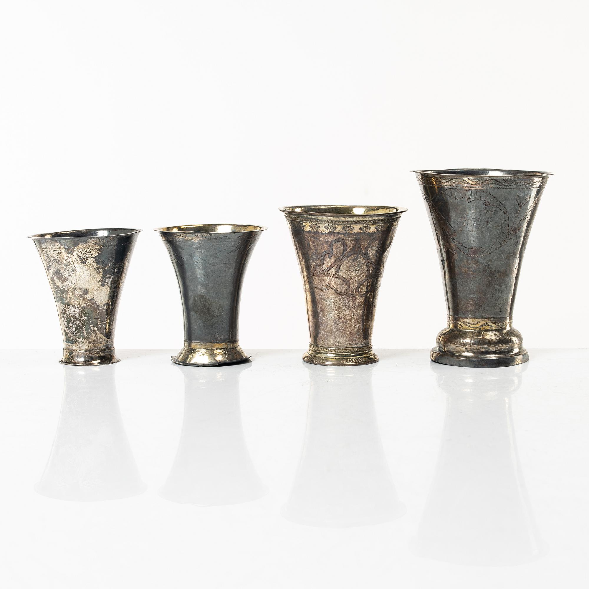 Four silver beakers, different masters, Sweden, 18th-19th century.
