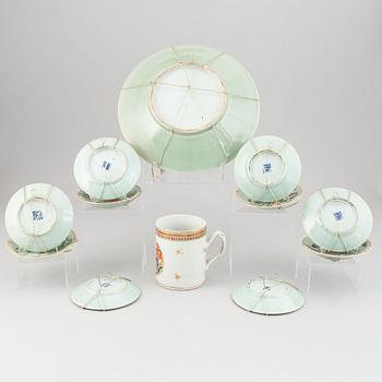 A famille rose jug and 10 dishes and one serving dish, Qing dynasty, 18th/19th Century.