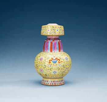 A 'famille rose' yellow-ground altar vase, presumably Republic with Qianlongs seal mark in red.