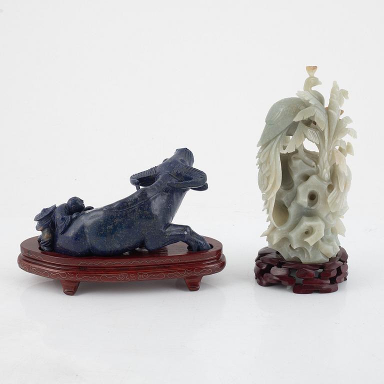 Three carved figurines and a bowl, China, 20th century.