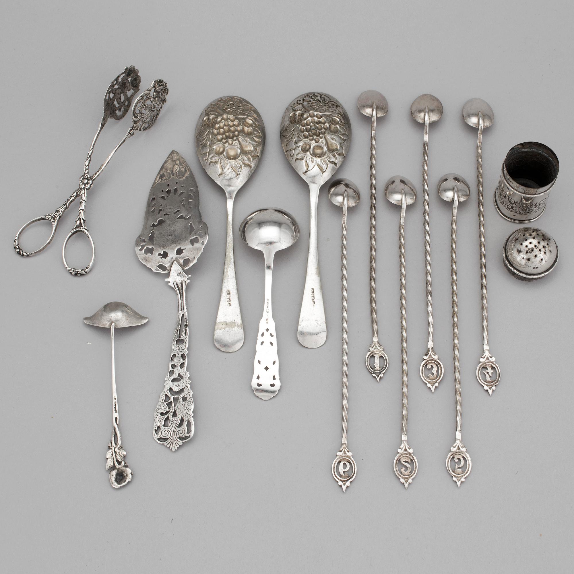 A Victorian silver salt shaker marked Birmingham 1897 and a collection of silver (3) and plate (9) flatware.