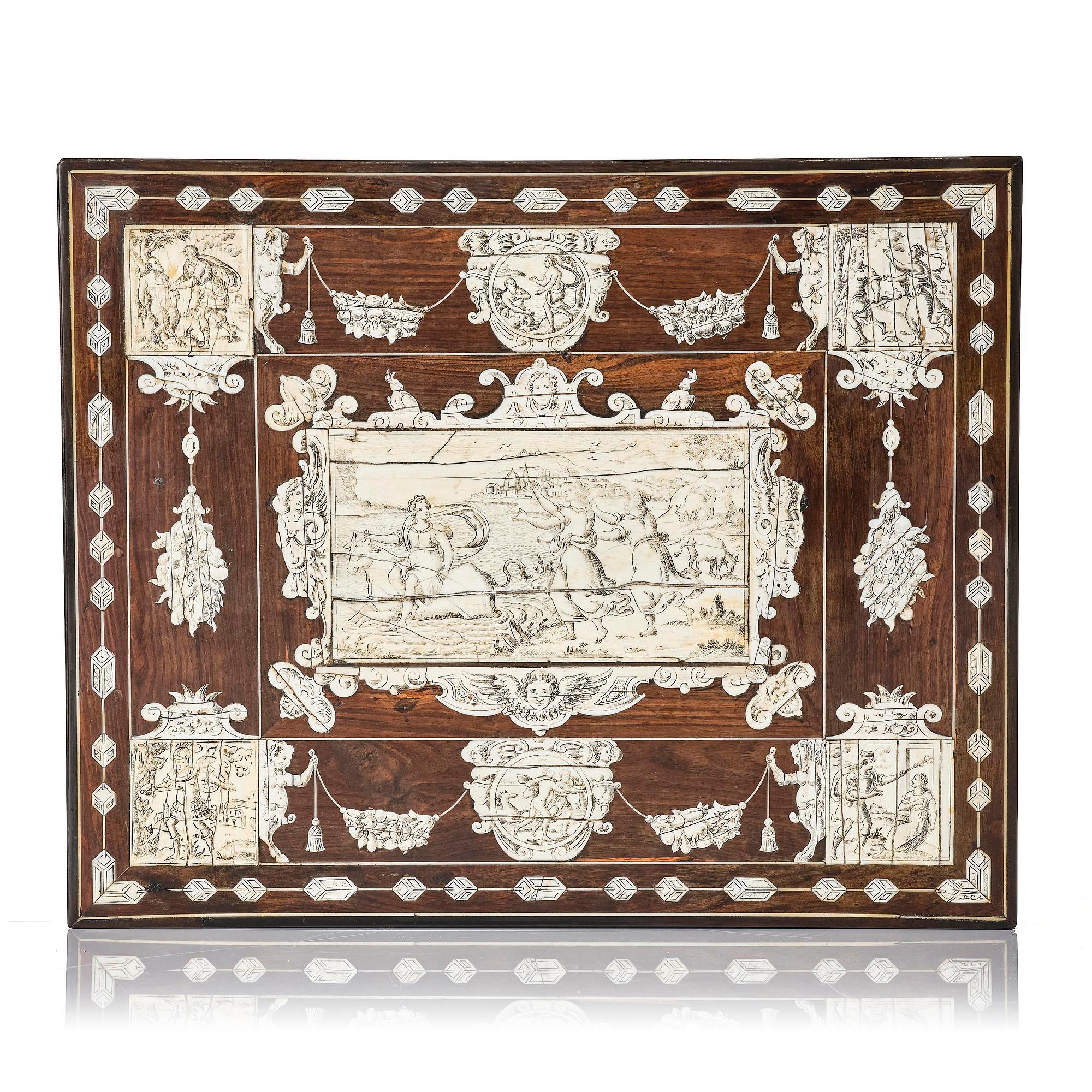 A Neopolitan ebony, rosewood and engraved ivory writing box from the circle of Iacopo Fiamengo, first part 17th century.