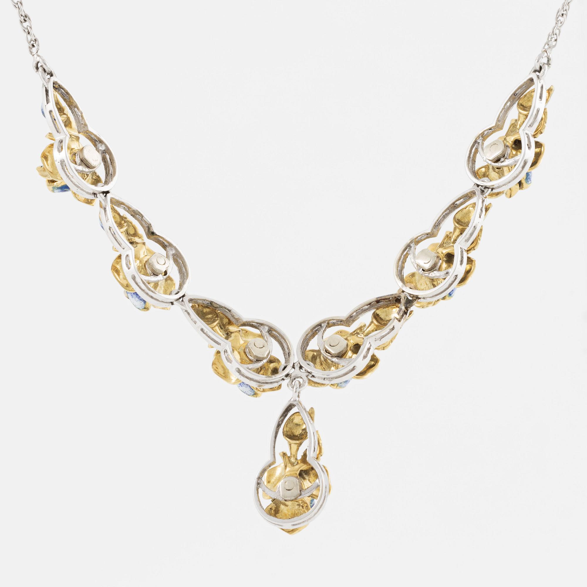 Necklace, 18K white gold with enamel and small diamonds.