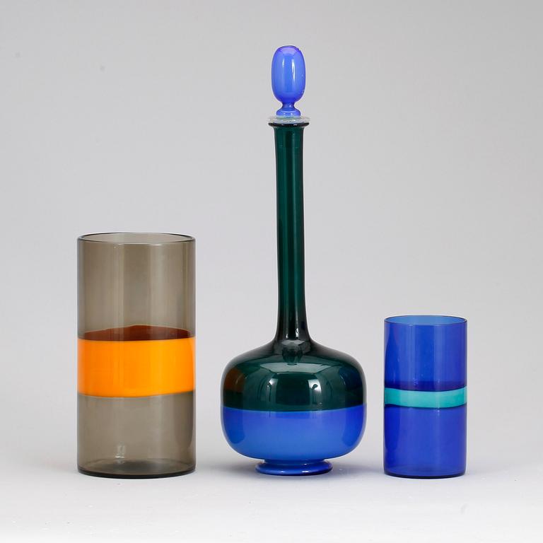 KARAFF SAMT VASER, 3 st, glas, troligen Venini, Murano, Italien.