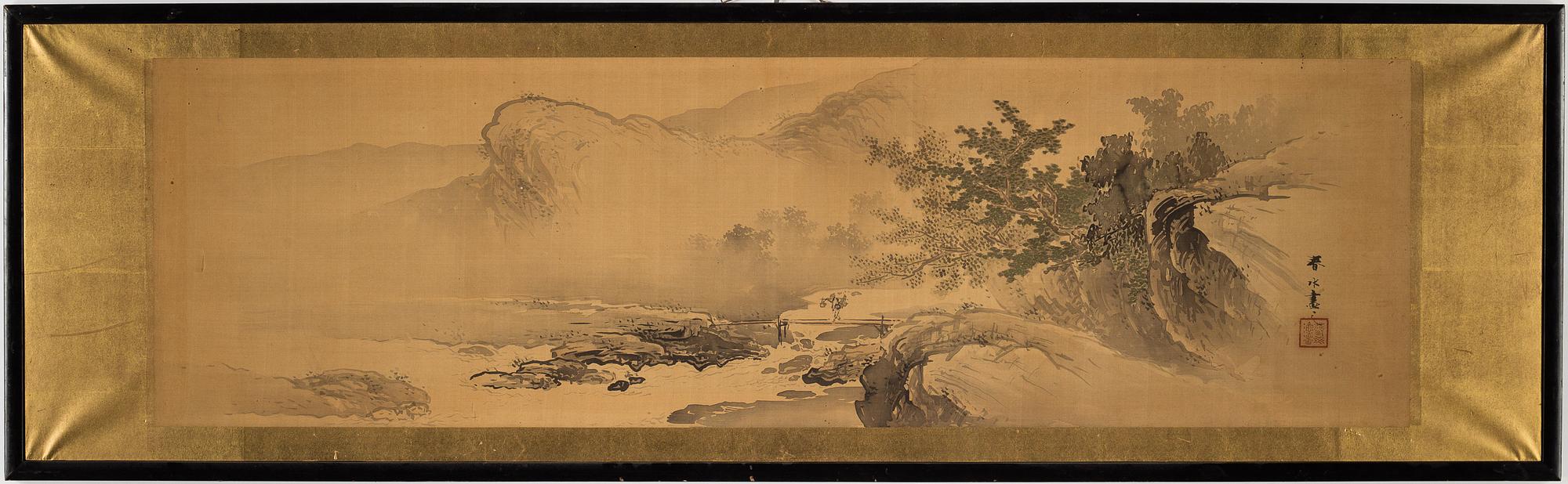 OIDENTIFIERAD KONSTNÄR, tusch och färg på textil lagt på papper. Japan, tidigt 1900-tal.