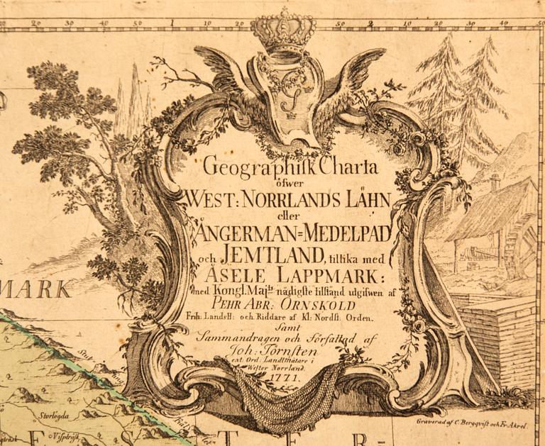 Johan Törnsten, map of middle Norrland Sweden, hand colored copper engraving, Stockholm 1771.