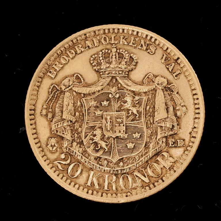 GULDMYNT, 20 Kronor, Oscar II, Sverige-Norge 1878. Vikt ca 8 gram.