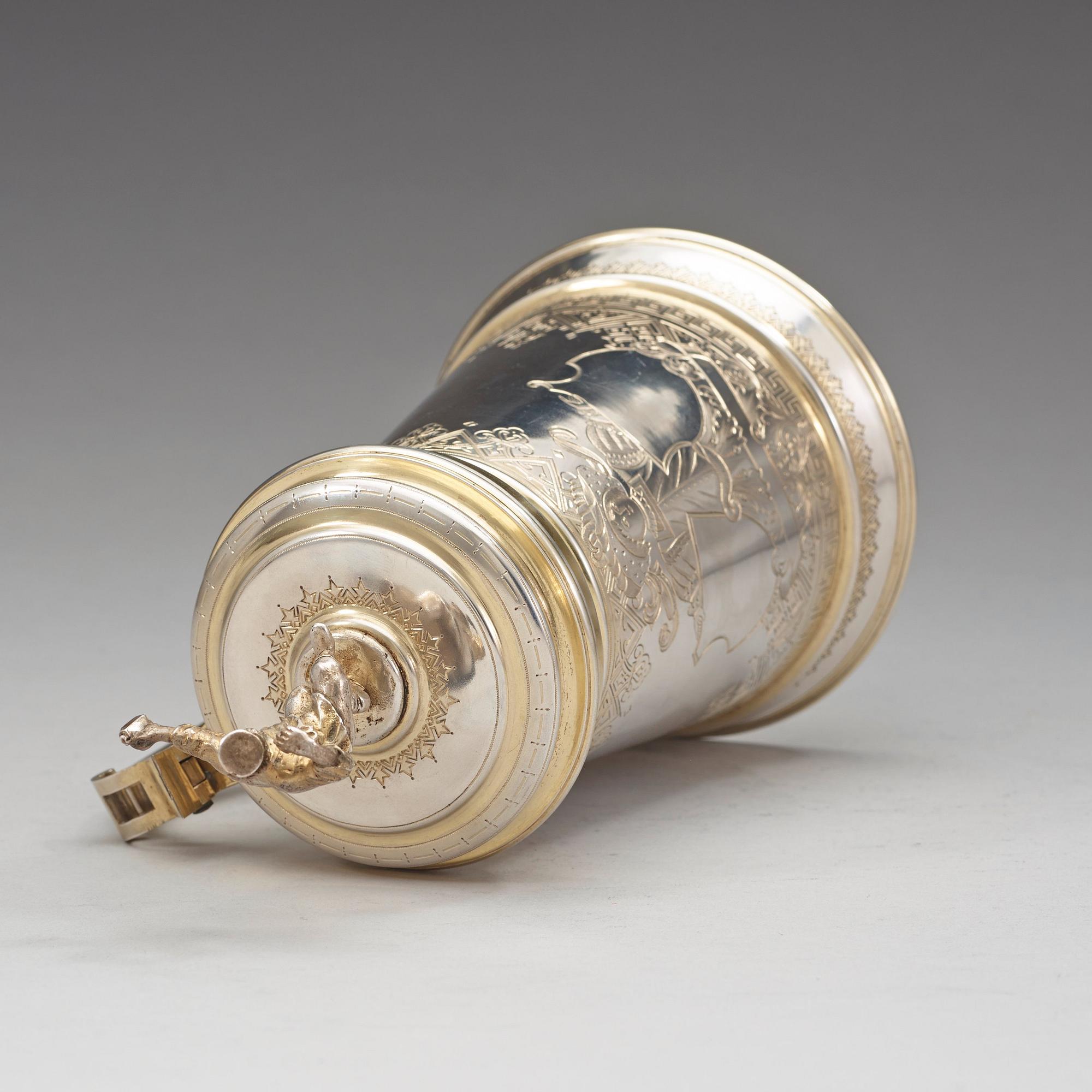 A Russian 19th century parcel-gilt tankard, unidentified makers mark, Moscow 1884.